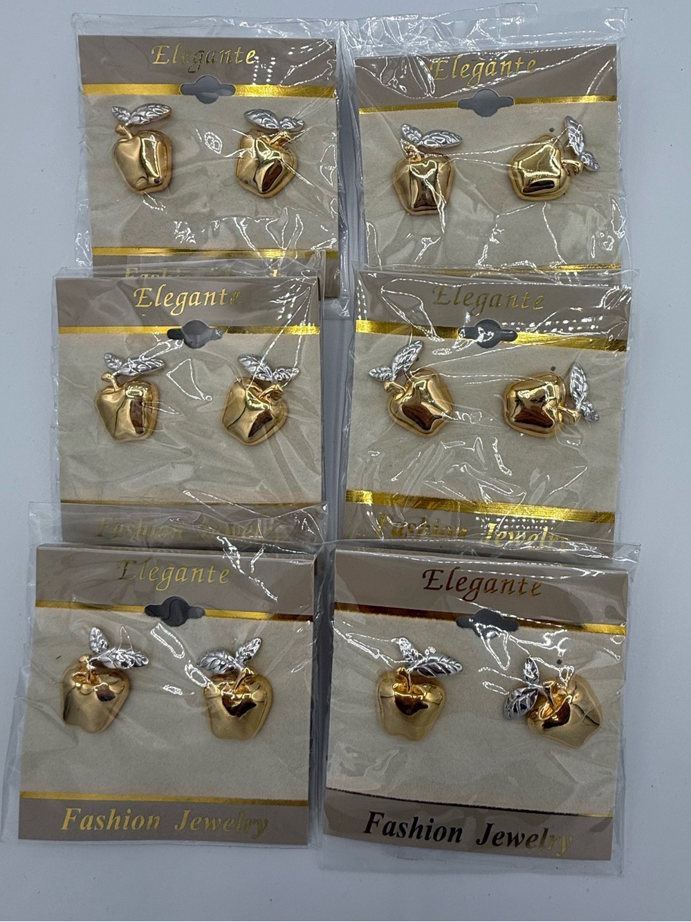 Six Pairs Gold Apple Stud Earrings with Silver Leaves Group Club Identical Gifts